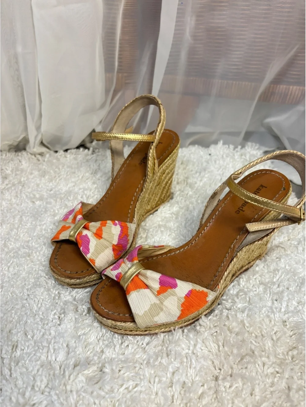 Kate Spade Floral Espadrille Wedge Sandals Gold Rope Ankle Strap Size 8.5